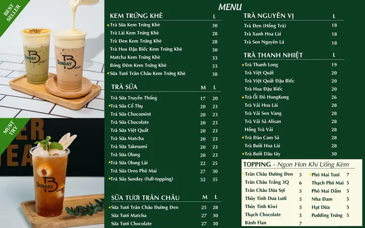 Menu Trà Sữa Sunday Basic Mới Nhất 2026: Danh Sách Món, Giá, Topping & Cách Đặt Hàng Online